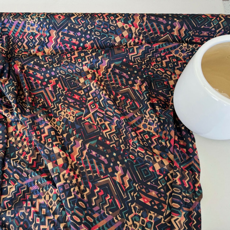 Lightweight Blue, Tan, Red, Teal and Purple Pattern Natural-Synthetic Blend Woven - Yardage