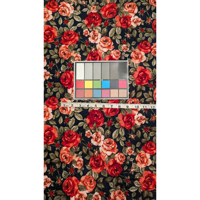 Navy Blue Rose Floral Print Poly Cotton Jersey Knit Fabric 60"W - 2 1/4 yds