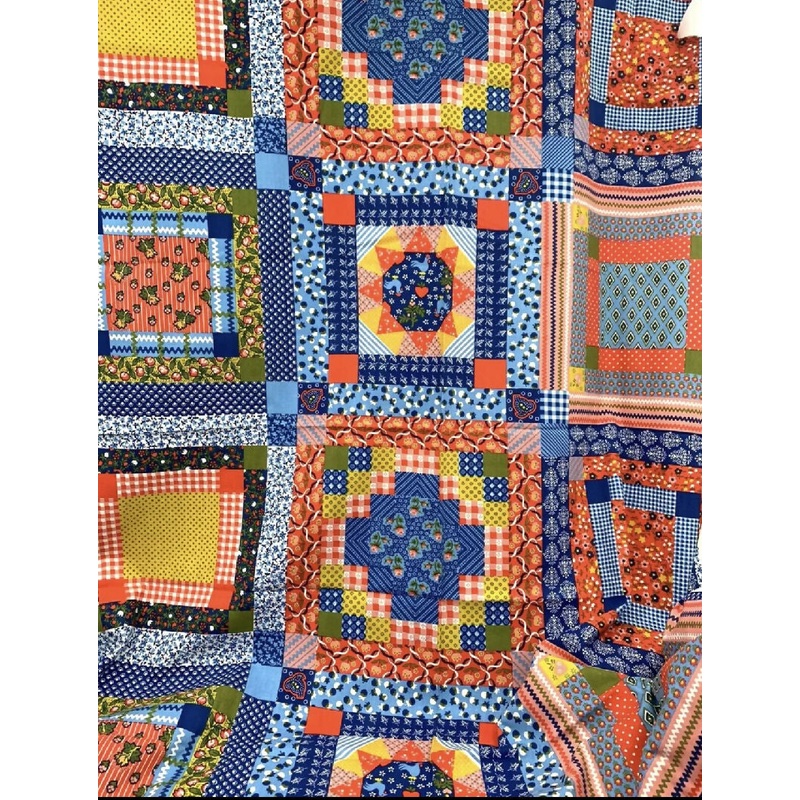 Vintage 1970s Cheaters Quilt Block Twill Canvas Fabric Floral Colorful 80"x48"