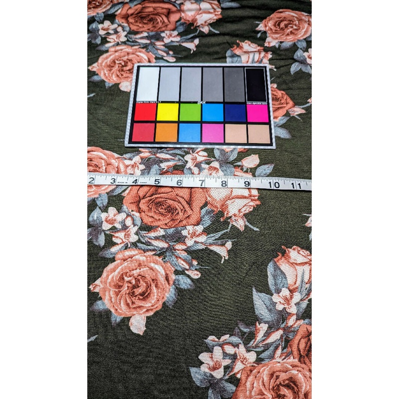 Dark Olive Green/Rose Floral Print Rayon Spandex Jersey Fabric 58"W - 2 yds