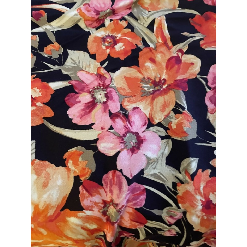 Navy Pink Orange Floral Stretch Sateen - 1.25 yds