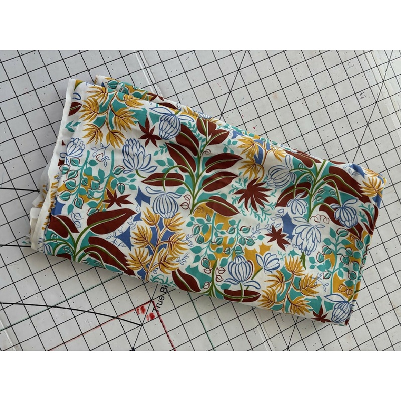Vintage aqua brown gold floral woven fabric
